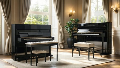 Yamaha Kemble acoustic and digital pianos showcased in an elegant music room Yamaha Kemble acoustic and digital pianos showcased in an elegant music room