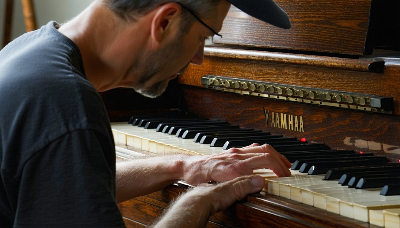 Craftsman tuning a Yamaha Kemble acoustic piano
